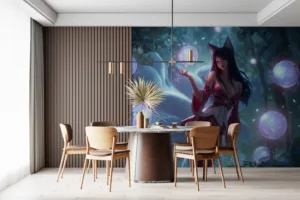Ahri from League of Legends in a mystical forest surrounded by glowing orbs.||