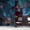 Ahri from League of Legends in a mystical forest with nine tails and a glowing orb.