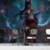 Ahri from League of Legends in a mystical forest with nine tails and a glowing orb.||