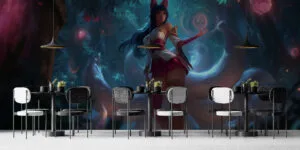 Ahri from League of Legends in a mystical forest with nine tails and a glowing orb.