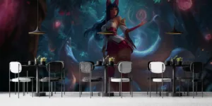 Ahri from League of Legends in a mystical forest with nine tails and a glowing orb.||
