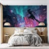 Akali leaping across rooftops in a vibrant urban scene with neon lights