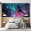 Akali leaping across rooftops in a vibrant urban scene with neon lights||