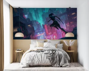 Akali leaping across rooftops in a vibrant urban scene with neon lights||
