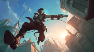 Alternative view of Akshan - Adventure in a Fantastical Cityscape Wall Mural