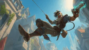 Alternative view of Akshan - Dynamic Swing in a Vibrant Cityscape Wall Mural