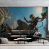 Akshan swinging through a vibrant urban environment in League of Legends.