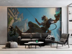 Akshan swinging through a vibrant urban environment in League of Legends.