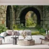 Medieval stone pathway with archways surrounded by greenery||