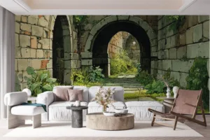 Medieval stone pathway with archways surrounded by greenery||