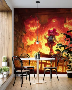 Annie from League of Legends standing confidently in a fiery classroom scene.||