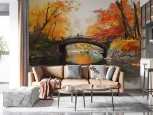 Serene autumn landscape with a bridge covered in leaves||
