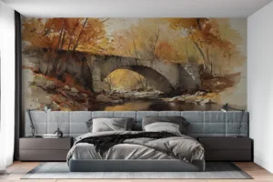 A serene autumn landscape with a stone bridge over a calm river and vibrant foliage.||