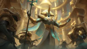 adorned in golden armor with blue cape.