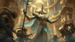adorned in golden armor with blue cape.