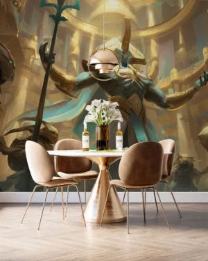 Azir from League of Legends standing in a majestic temple|adorned in golden armor with blue cape.|