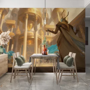 Azir in a grand ancient temple setting|surrounded by armored figures|showcasing power and mystery.