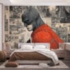Batman standing in the rain with a red cape and comic book panels in the background