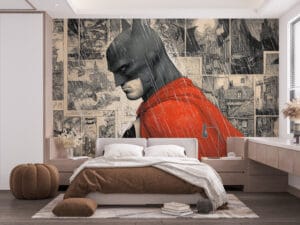 Batman standing in the rain with a red cape and comic book panels in the background