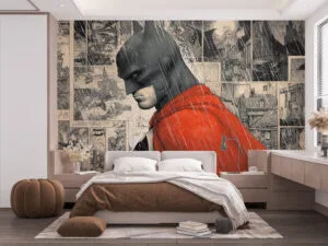 Batman standing in the rain with a red cape and comic book panels in the background
