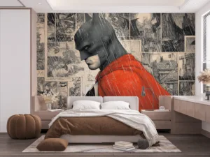 Batman standing in the rain with a red cape and comic book panels in the background||