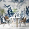 Batman depicted in a toile de Jouy pattern with architectural elements.
