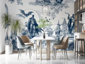 Batman depicted in a toile de Jouy pattern with architectural elements.