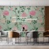 Floral wallpaper mural design with pink and white flowers on teal background