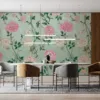 Floral wallpaper mural design with pink and white flowers on teal background||