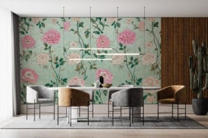 Floral wallpaper mural design with pink and white flowers on teal background