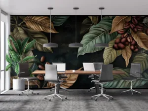 Artistic arrangement of leaves and coffee beans with green and gold colors on a dark background||