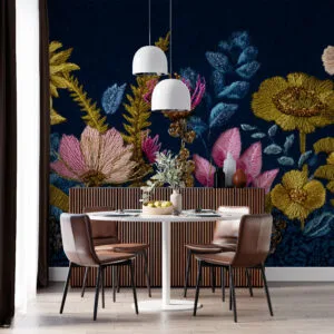 Floral embroidery design on dark blue velvet background