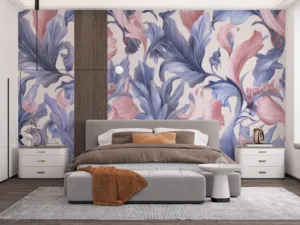 Intricate floral pattern in soft pinks|light blues|and purples.