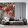 Cascading roses in shades of pink|red|and cream surrounded by green leaves.