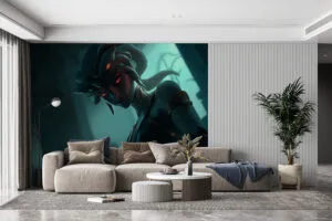 Artistic representation of Cassiopeia from League of Legends with serpent-themed elements and glowing red eyes.