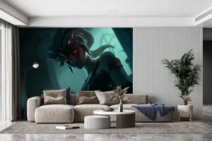 Artistic representation of Cassiopeia from League of Legends with serpent-themed elements and glowing red eyes.||