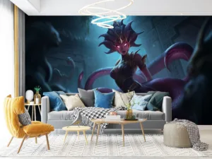 Cassiopeia from League of Legends depicted in a mystical setting with serpent-like features.||