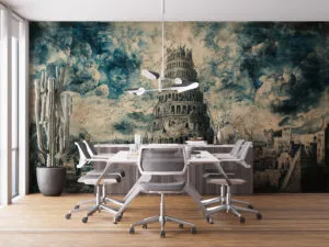 Celestial-themed artwork featuring the Tower of Babel in an urban setting with figures.