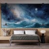 Stunning watercolor mural of a cosmic night sky with waves