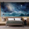 Stunning watercolor mural of a cosmic night sky with waves||