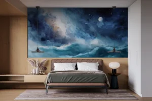 Stunning watercolor mural of a cosmic night sky with waves||
