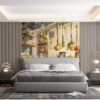 Indoor market scene with fresh fruits and cheeses displayed on rustic wooden shelves.