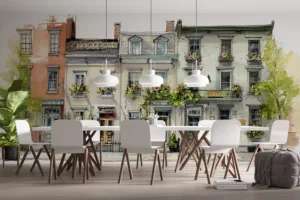 Charming row of urban townhouses with flower boxes and greenery.||