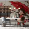 Young girl with red umbrella under cherry blossom trees||