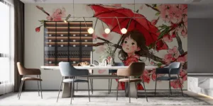 Young girl with red umbrella under cherry blossom trees||
