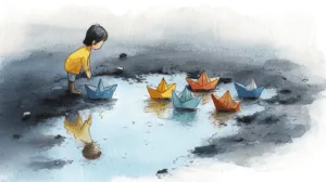 Alternative view of Childhood Innocence Playing with Paper Boats Wall Mural