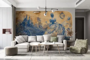 Cinderella inspired artwork featuring a woman in a gown looking towards a castle with a staircase and clock.