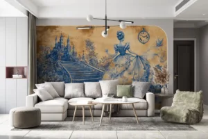 Cinderella inspired artwork featuring a woman in a gown looking towards a castle with a staircase and clock.||