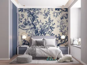 Classic French toile design with forest animals and foliage in navy and cream||