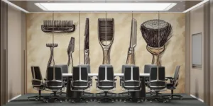 Hand-drawn illustration of classic grooming tools on aged paper.||